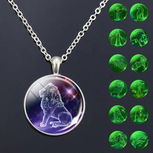 Luminous 12 Zodiac Signs Necklace Glass Dome Pendant Constellations Fashion Jewelry Women Glow In The Dark Birthday Gift