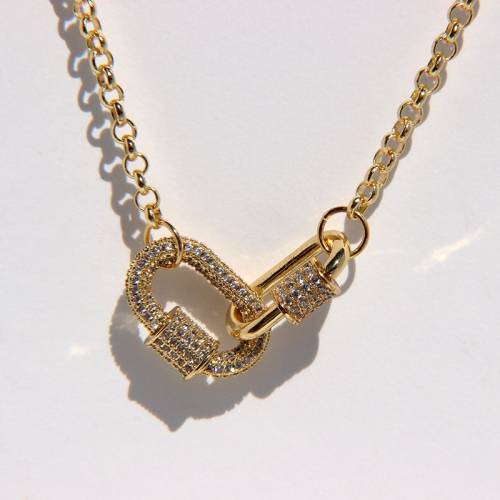 Peri‘sBox Gold Color Double Circle Carabiner Necklaces Micro Paving CZ Stone Necklaces for Women Pin Minimalist Necklace 2020