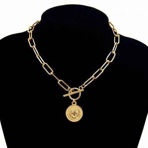 Vintage Metal Coin Necklace For Women Stainless Steel Elizabeth Medallion Pendant Toggle Necklace Long Choker Jewelry Collier