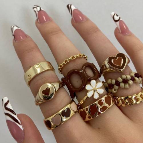2021 Fashion Brown Series Enamel Heart Rings for Women Crystal Ring Multicolor Resin Acrylic Ring Set Jewelry Wholesale