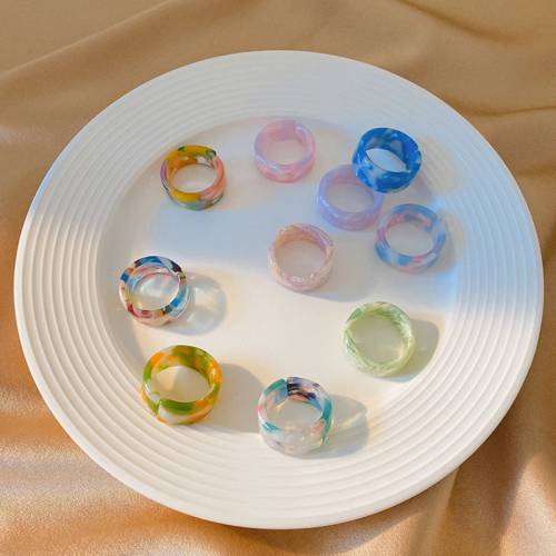 5pcs 4pcs set 2021 New Korean Ins Vintage Resin Geometric Colorful Round Rings for Women Girls Simple Jewelry Gifts
