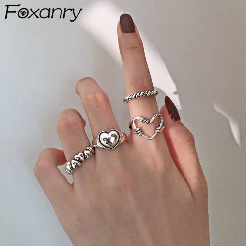 Foxanry Vintage Punk 925 Stamp LOVE Heart Rings Fine Jewelry for Women Couples Trendy Elegant Party Accessories Gifts