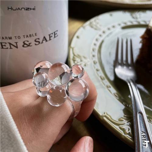 HUANZHI 2021 New Colorful Transparent Flower Acrylic Resin Beads Geometric Irregular Rings for Women Girls Party Jewelry Gifts