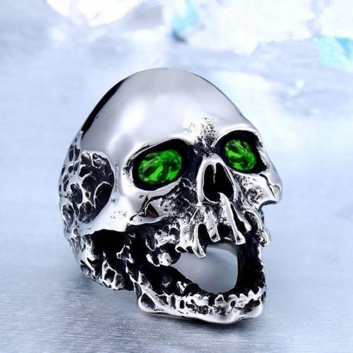 New Exaggerated Bohemian Green Crystal Inlaid Skull Ring Men‘s Ring Fashion Metal Skull Crystal Inlaid Ring Accessories Jewelry