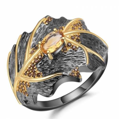 Retro Oval Crystal Wedding Rings for Women Elegant Lady Black Gold Leaves Ring Female Jewelry Accessories