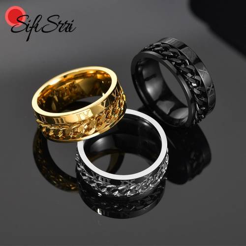 Sifisrri Punk 8mm Stainless Steel Spinner Chain Rings Gold Black Rotatable Links Roman Numeral Ring Male Birthday Gift Anillos