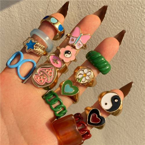 Vintage Colorful Heart Rings Set for Women Fashion Pink Green Color Resin Flower Love Heart Ring Wholesale Jewelry