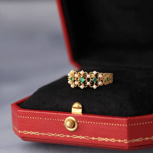 Vintage New Green Zircon Pearl Gold Rings for Woman Bride Wedding Luxury Fashion Knuckle Ring Female Jewelry Anniversary Gifts