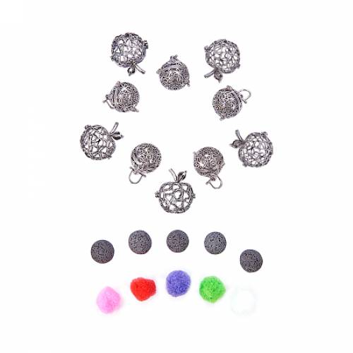PandaHall Elite 10 PCS Hollow Brass Aromatherapy Essential Oil Diffuser Locket Cage Pendant with 10 PCS Lava Beads and 10 PCS Difussing Balls
