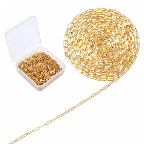 SUNNYCLUE Soldered Brass Paperclip Chains - Flat Oval - Drawn Elongated Cable Chains - Golden - 11x43x07mm - 10m/box