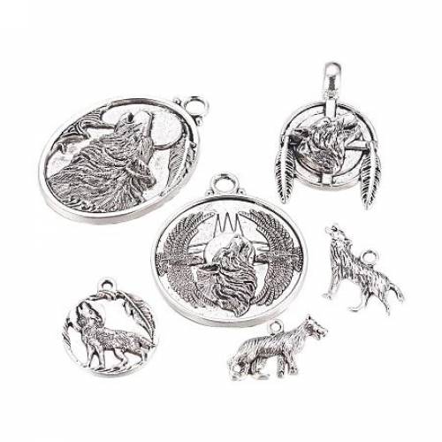 ARRICRAFT 30 pcs 6 Shapes Tibetan Style Alloy Pendants - Wolf Theme Metal Pendant Charms for Jewelry Making - Antique Silver