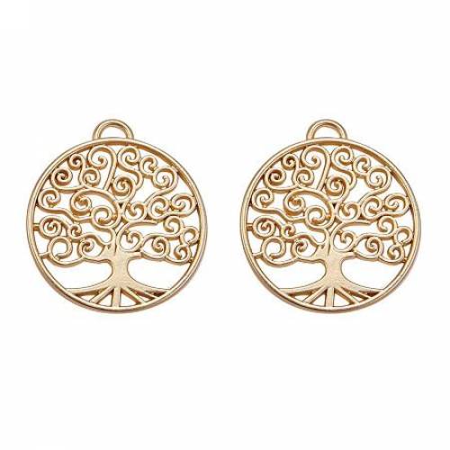 SUNNYCLUE 1 Box 2pcs Real Gold Plated Tree of Life Charm Pendants Findings Flat Round 48x43x2mm for Jewelry Bracelet Necklace Making - Matte Golden