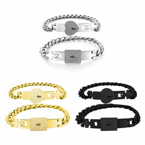2 Pcs Stainless Steel Lover Heart Love Lock Key Bracelet Kit Couple Bracelet And Necklace with Lock&Key Bracelet for Women