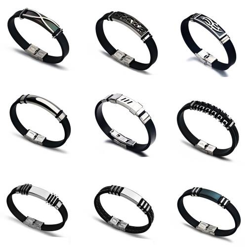 2022 Charm Jewelry Vintage Black Silicone Cuff Bracelet Men Simple Stainless Steel Smooth Glossy Bracelet Pulsera Hombre