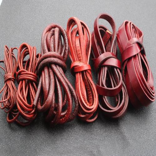 2M Genuine Leather Cord for Bracelet Jewelry Making Retro Red Brown Round Flat Cow Leather Rope String Thread 15 2 3 4 5 6 8 mm