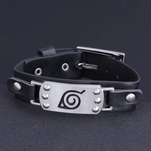 Anime Bracelet Konoha Leaf Logo Wrist Belt Buckle Style Black Pu Leather Cuff Bangle Bracelets for Men Jewelry Gift