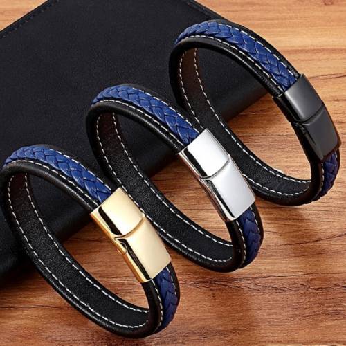 Black/Blue Cross Design Charm Leather Bracelet For Men Braid Rope Chain Stainless Steel Magnetic Clasp Male Bangle Gifts 3 Size