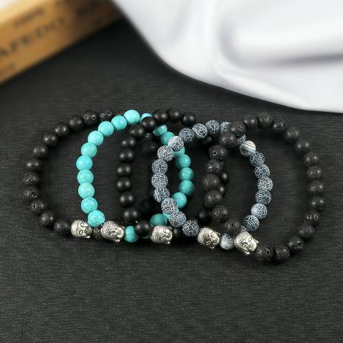 Classic Sliver Plated Buddha Beads Bracelets&Bangles Charm Men Black Natural Volcanic Stone Strand Bracelet Women Prayer Jewelry
