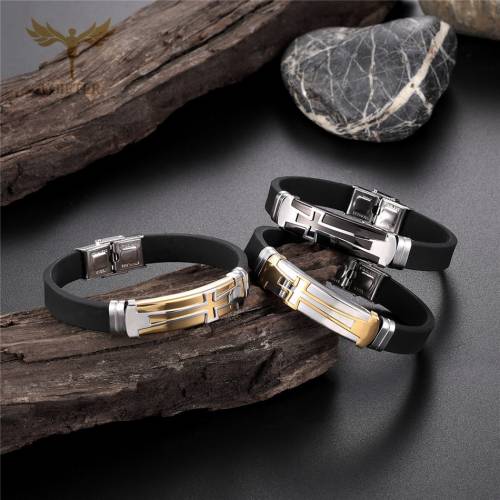 Classical Man Bracelets Christian Cross Bracelet Black Silicone Stainless Steel Cross Clasp Wristband Male Jewelry Accesories
