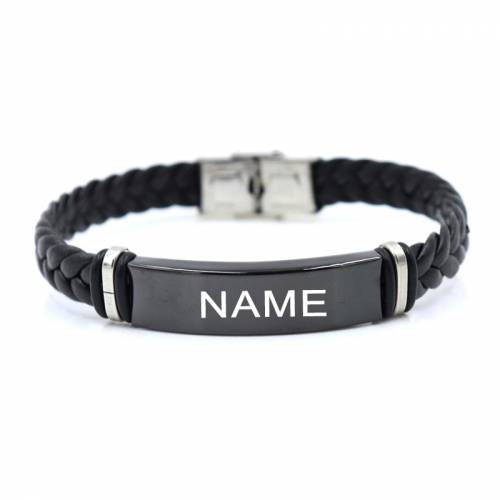 Custom logo Name Engrave Leather Bracelet Black Color customize Stainless Steel Bracelets For Women Men ID Bracelet