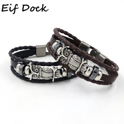 Eif Dock Fashion Charms Multiple Layers Owl Leather Bracelet Men Vintage Classic Rope Chain Wrap Arm Bracelet Set Male Jewelry