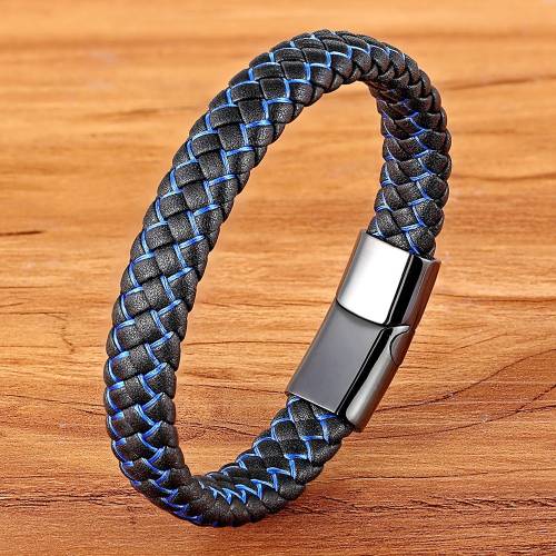 Fashion Stainless Steel Magnetic Clasp Bracelet For Men Business Luxury Blue Black Braided Leather Bangles DIY Size Custom LOGO