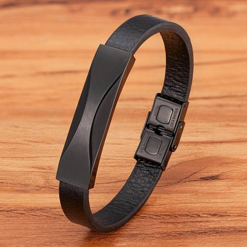 Geometric Pattern Accessory Design Stainless Steel Men‘s Leather Bracelet Black Leather Simple Style Valentine‘s Day Gift
