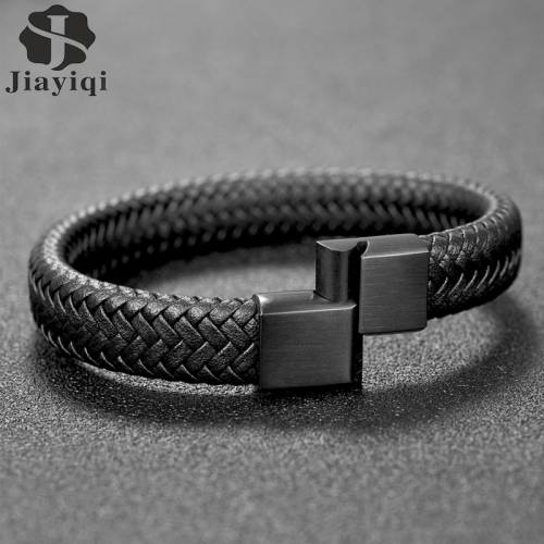 Jiayiqi Punk Men Braided Leather Bracelet Jewelry Black/Brown Stainless Steel Magnetic Clasp Fashion Bangles 185/22/205cm