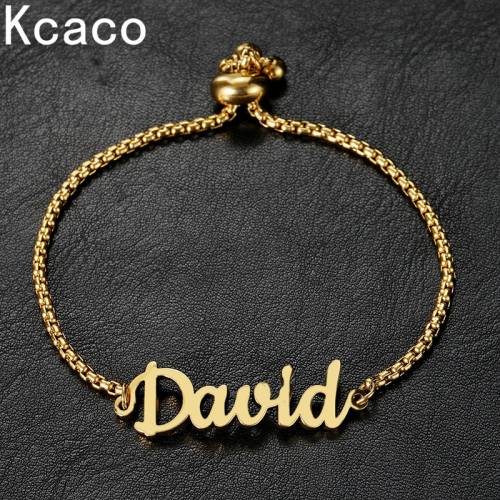 Kcaco Customized Name Bracelet Women Kids Stainless Steel Adjustable Stretch Letter Bracelets with 25mm Square Pearl Chain Gift