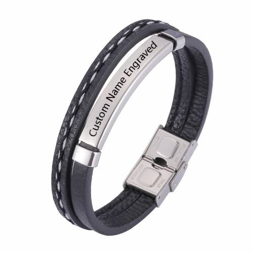 Men Custom Name Charm Bracelet Fashion Stainless Steel Leather Bangles Handmade Wristband Adjustable Length Male Boy Gift KZ1097