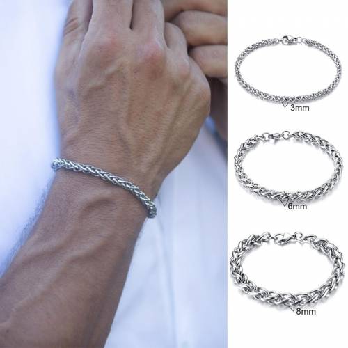 Men‘s jewelry 3 to 8mm wide stainless steel wheat chain bracelet 748 to 9 inches lobster clasp
