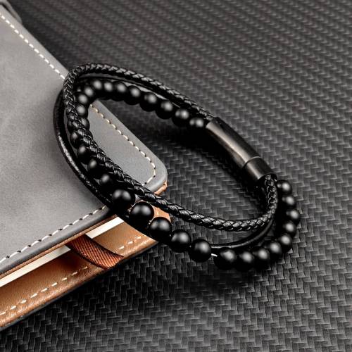 MingAo Charm Simple Men Free Custom Name Bangle Bracelet Multi-woven Stainless Steel Beaded Black Bracelet Classic Gift Jewelry