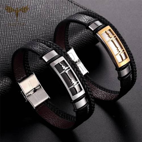 Multi Layer Black Leather Bracelets for Lovers Love Heart ECG Design Stainless Steel Cuff Bridal Bracelet Lovers‘ Couple Jewelry
