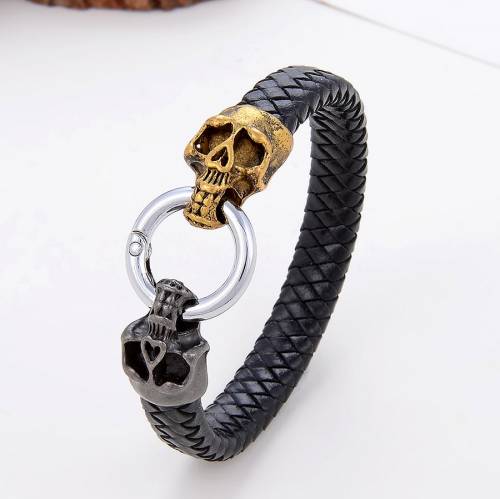 Punk Skull Head Men Bracelet Black Braided Leather Rope Chain Spring Buckle Hyperbole Gothic Bracelets 2021 Mens Jewelry Gift