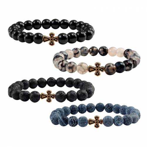 Trendy Black Volcanic Lava Beads Men Bracelet Charm Gold Cross Natural Stone Bracelets Women Meditation Prayer Bangles Jewelry