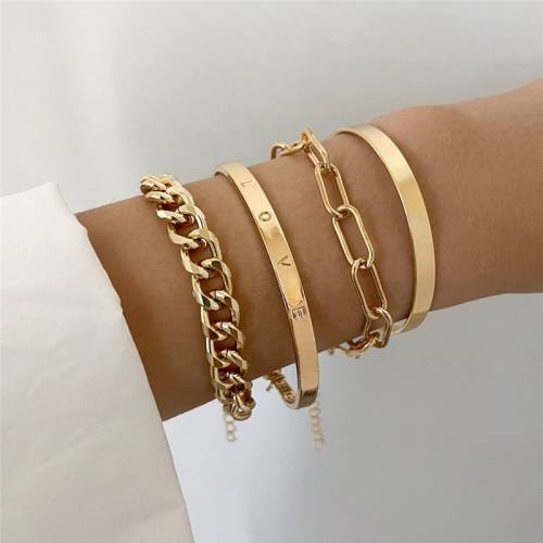 VAGZEB 4 Pcs/Set Punk Gold Layered Chain Cuban Bracelets For Women Charm Cuff Bangle Adjustable Bohemian Luxury Bracelet Jewelry