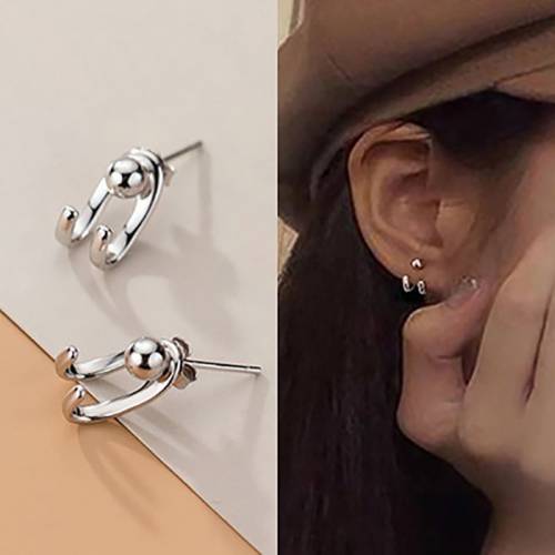 1 Pair/Piece Hook Stud Earrings Double Line Bead Earrings Back Hanging C-shaped Hong Kong Style Earrings Ladies Simple Jewelry
