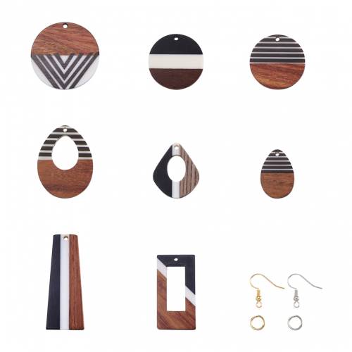 16Pcs Resin Wood Pendants Round Teardrop Geometric Charms with Earring Hooks For DIY Handmade Earrings Dangle Jewelry Making