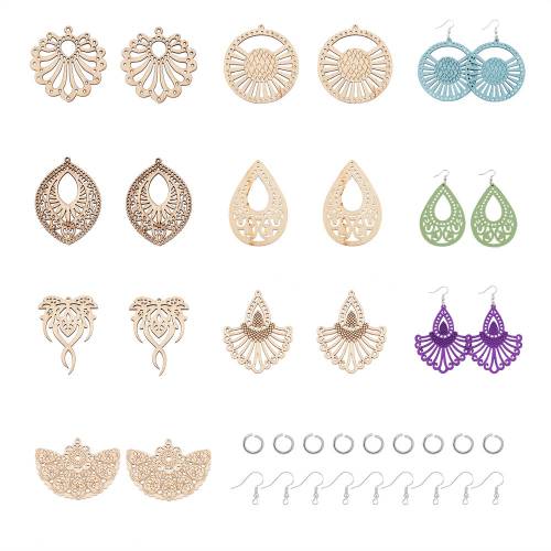 1Set Unfinish Wooden earrings Blanks Wood Filigree Pendant Charms Stainless Steel Jump Ring Earring Hooks DIY jewelry making kit