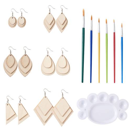 1Set Unfinished Wooden Earrings Blank Pendants Geometric Wood Charm with Earring Hook for DIY Dangle Earrings Jewelry Crafts Kit