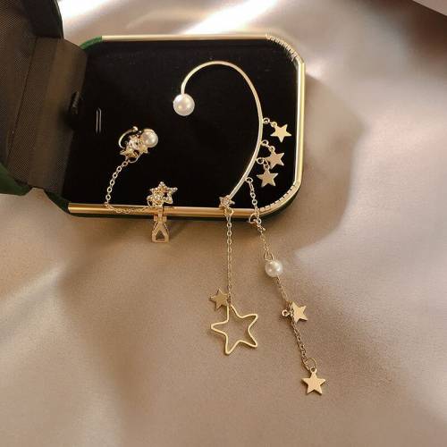2021 Korean Fashion Ear Hook Golden Clip Earring Vintage Star Pearl Chain Tassel Clip Earrings For Women Party Gift