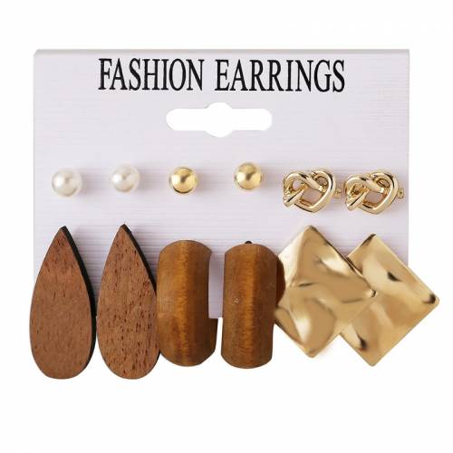 2022 Women Retro Wood Drop Earring Set Brincos Geometric Gold Twist Metal Knot Dangle Ear Hook Earrings Set Female Jewelry New