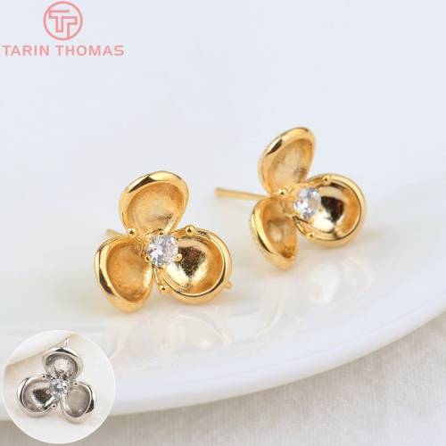 (2641)6PCS 14MM Hole 15MM 24K Gold Color Brass with Zircon Flower Stud Earrings High Quality DIY Jewelry Making Findings