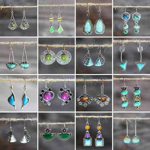 Bohemia Turquoises Resin Dangle Earrings for Women Ethnic Tribal Hook Earring Statement Vintage Summer Beach Party Jewelry Gift