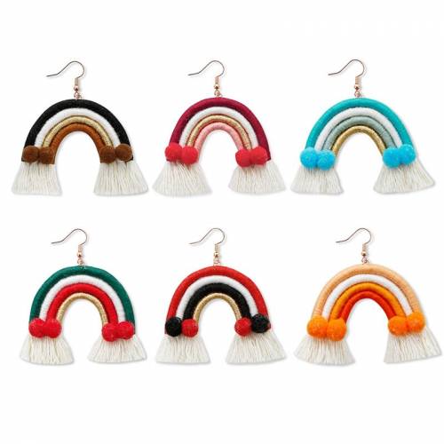 Christmas Earrings 7*55cm Wool Ball Yunnan Ethnic Style Hand Woven Rainbow Earrings Woman New Trendy Accessories Hook Earrings