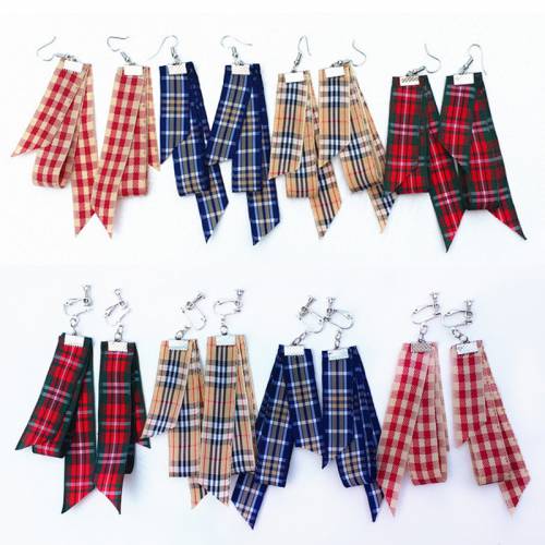 Classic Colors Check Stripe Drop Earrings for Women Harajuku Handmade Fabric Plaid Striped Dangle Earring Hook Girl Jewelry Gift