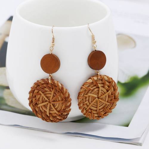 Druzy/Drusy Rattan Knit&Wood Earrings Rectro Brown Round Earings for Women with Alloy Hook Unique Fashion Jewelry Gift - 1 Pair
