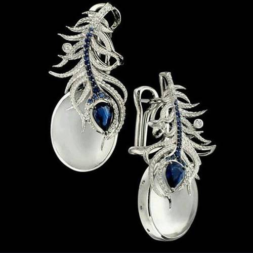 Elegant Lady Drop Dangle Earrings Vintage Boho Blue Crystal Ear Cuff Wrap Hook Clip Earrings Ethnic Jewelry for Women Gift