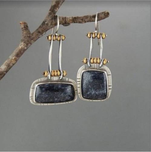 Ethnic Square Black Stone Dangle Earrings for Women Vintage Jewelry Two Tone Metal Geometry Long Hook Earring Pendientes