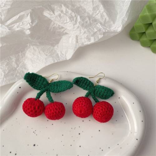Hand Made Autumn Winter Wool Cherry Cherries Ear Hook Earrings Red Lovely Dating Student Earrings Women Earrings